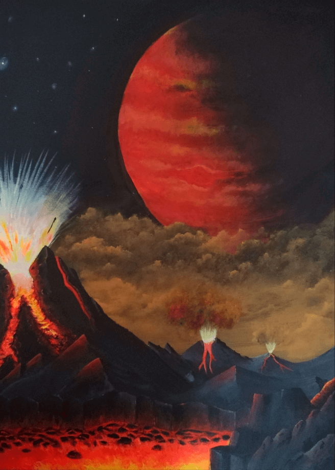 Io, the Volcanic Moon. ©Ian Garrett 2025. Acrylic on a 21 x 30 inch Canvas.