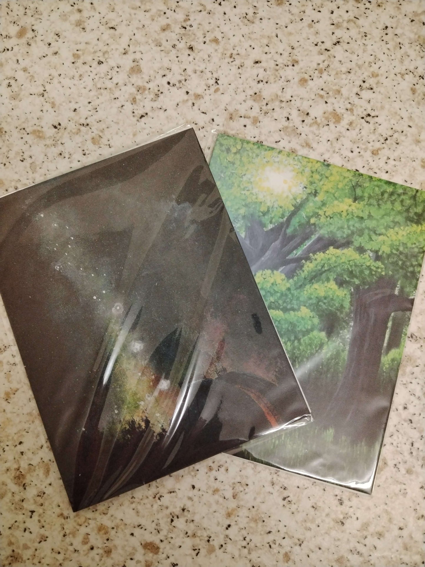 Unique fine art post cards displayed, featuring nature and night sky designs for art lovers.