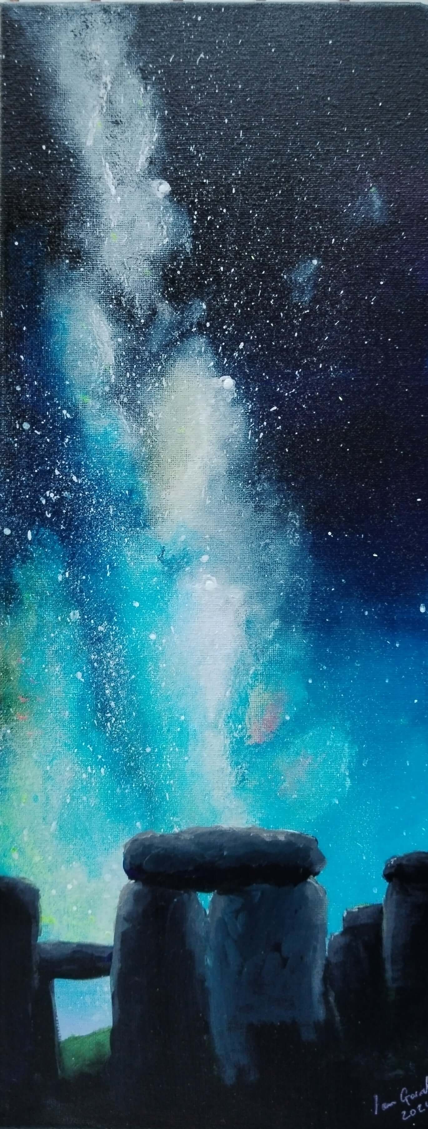 Painting of the Milky Way rising over the standing stones of Stonehenge. Acrylic on a 20"x 8" Canvas framed in a black oak frame.