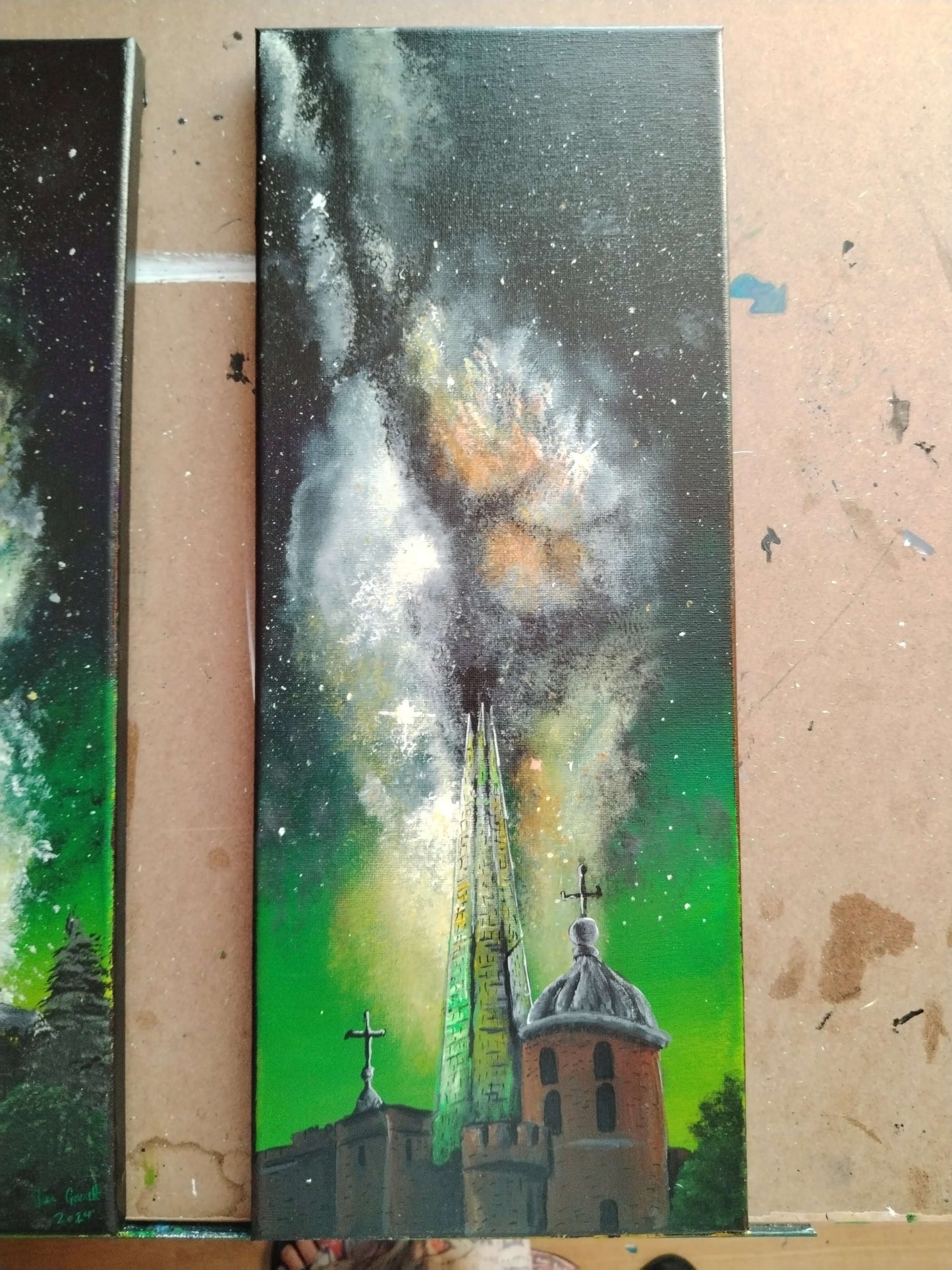 The Tower, The Shard and the Milkyway. ©Ian Garrett 2024. Acrylic on Canvas 8 x 20 inches (Framed).