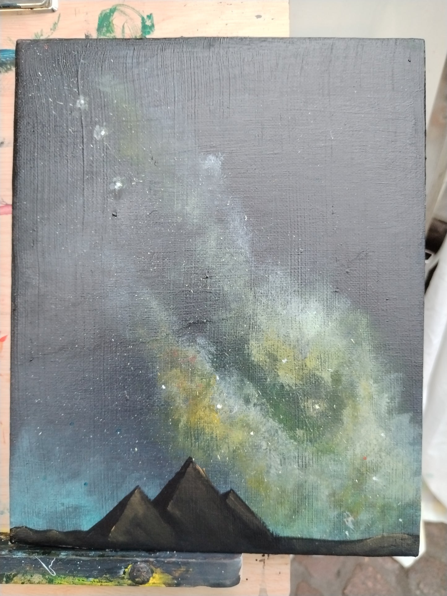 Milkyway over The Pyramids of Giza. ©Ian Garrett 2025. Acrylic on Canvas 10 x 8 inches.