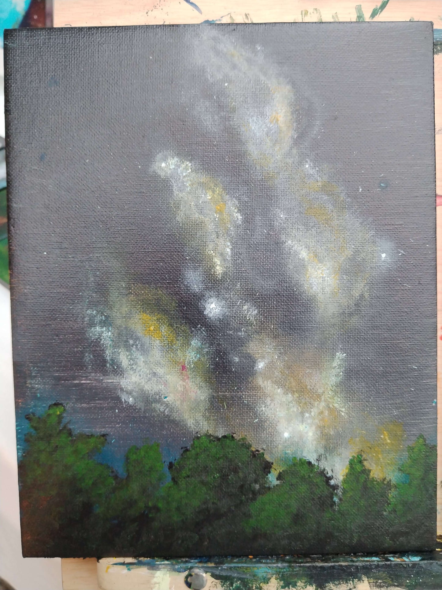 Acrylic painting of the Milkyway rising above the trees.