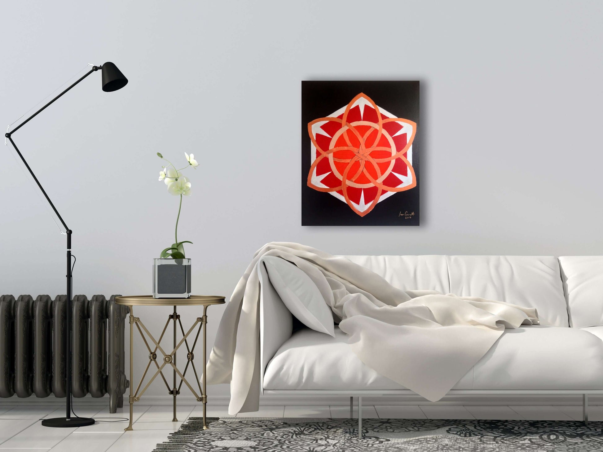 Crimson Geometry, ©Ian Garrett 2017. Acrylic on Canvas 20 x 16 inches.