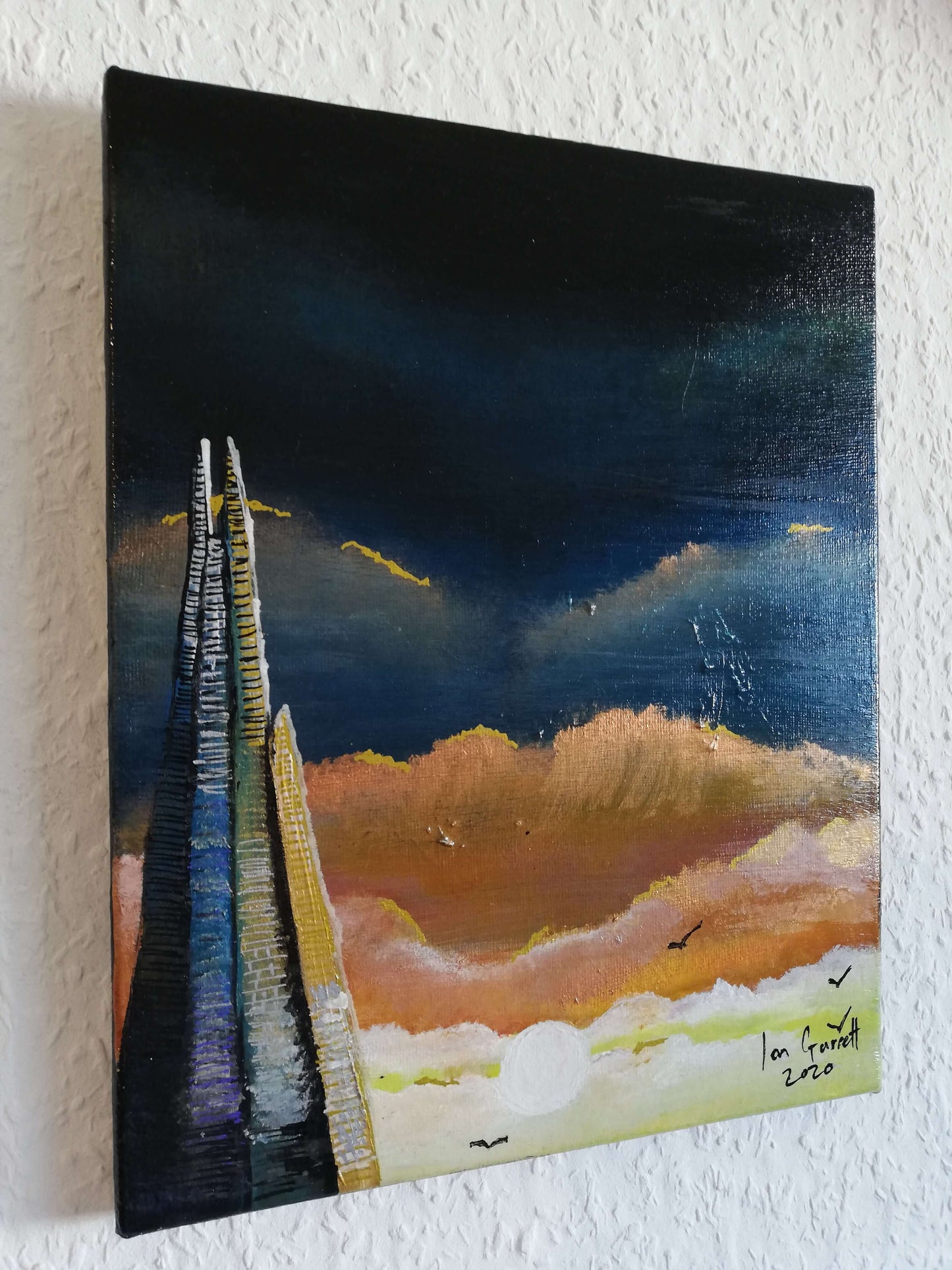 Sunset behind the Shard. ©Ian Garrett 2020. Acrylic on Canvas 10 x 8 inches.