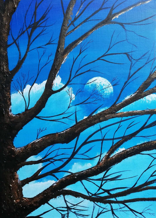 Daylight Moon. © 2022 Ian Garrett. 14 x 11 Acrylic on Canvas (Framed).