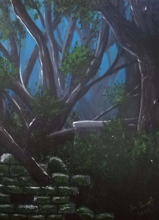 Ruins at night, ©Ian Garrett 2022. Acrylic on Canvas 9"x 12" inches.