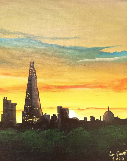 Sunset behind the Shard 2. ©Ian Garrett 2022. Acrylic on Canvas 10 x 8 inches.