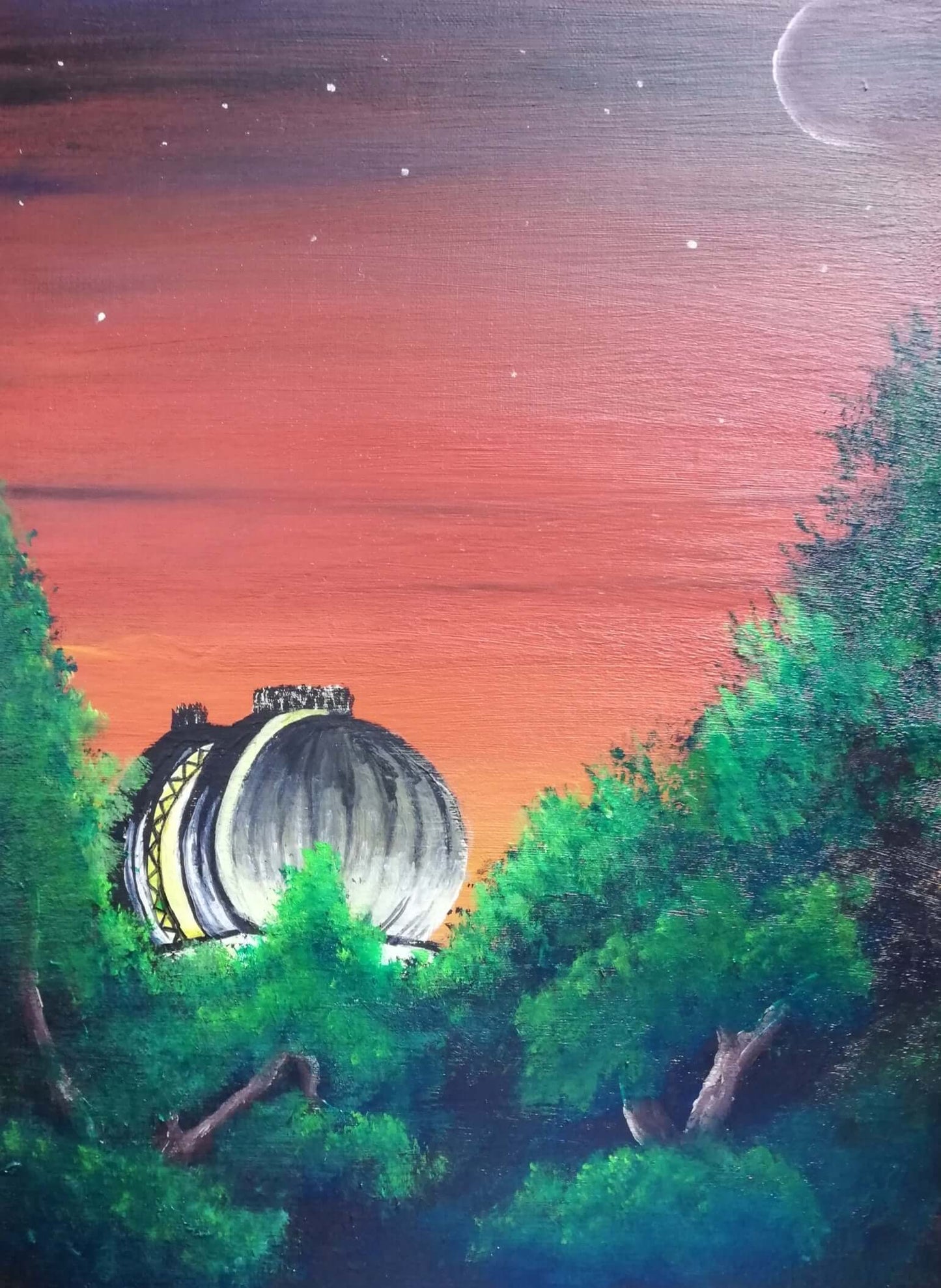 Moongazing at Greenwich Observatory. ©Ian Garrett 2023. Acrylic on Canvas 16 x 12 inches