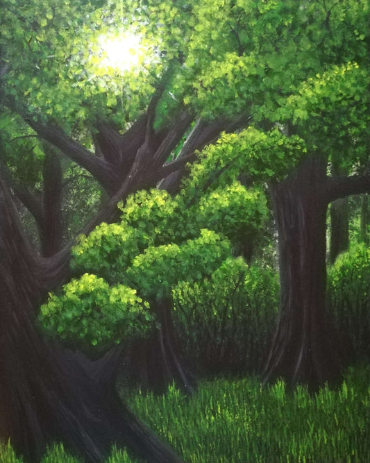 Into the Woods, ©Ian Garrett 2022. Acrylic on Canvas 20 x 16 inches (framed).