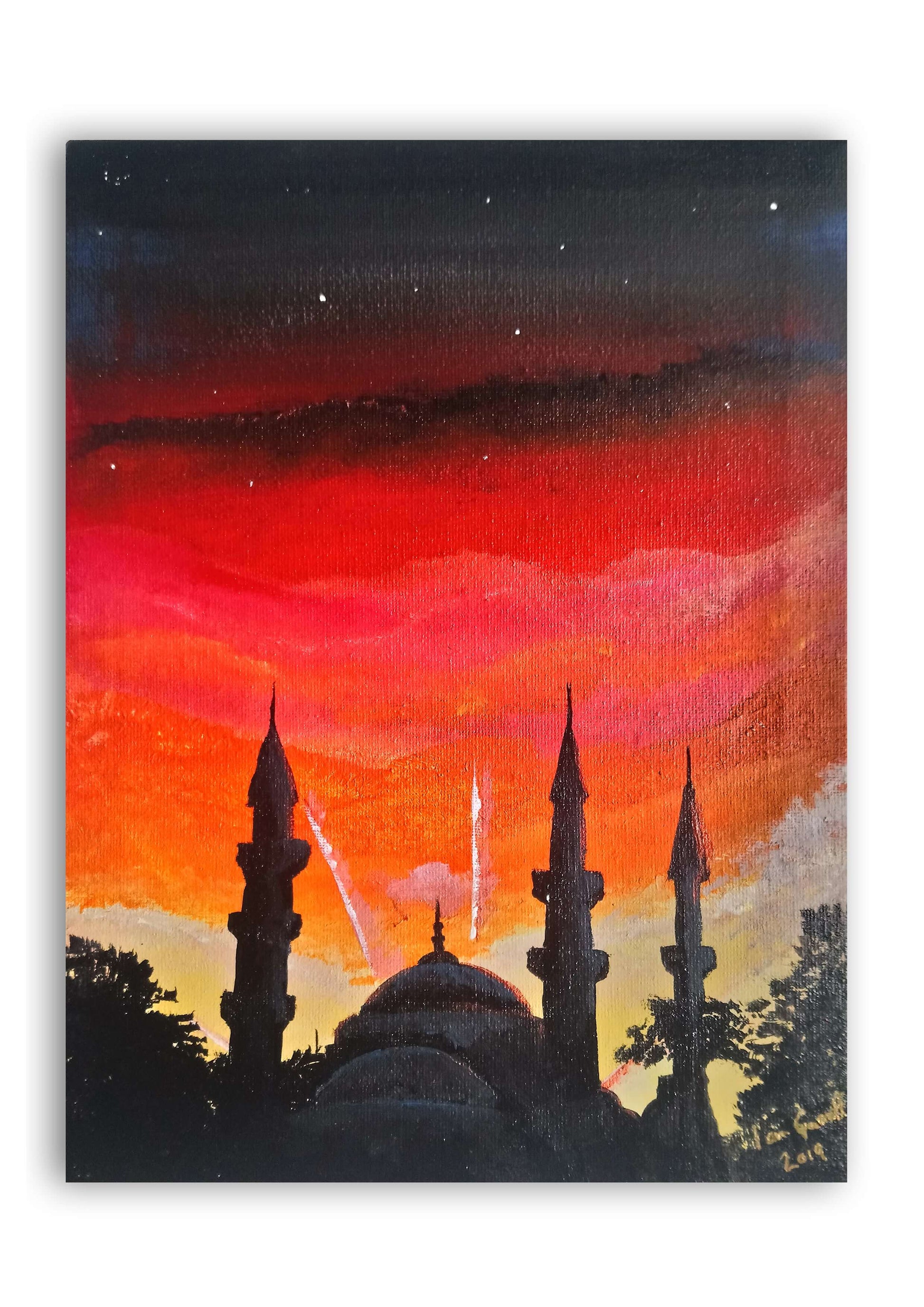 Sunset over the Blue Mosque, ©Ian Garrett 2019. Acrylic on Canvas 9 x 12 inches.