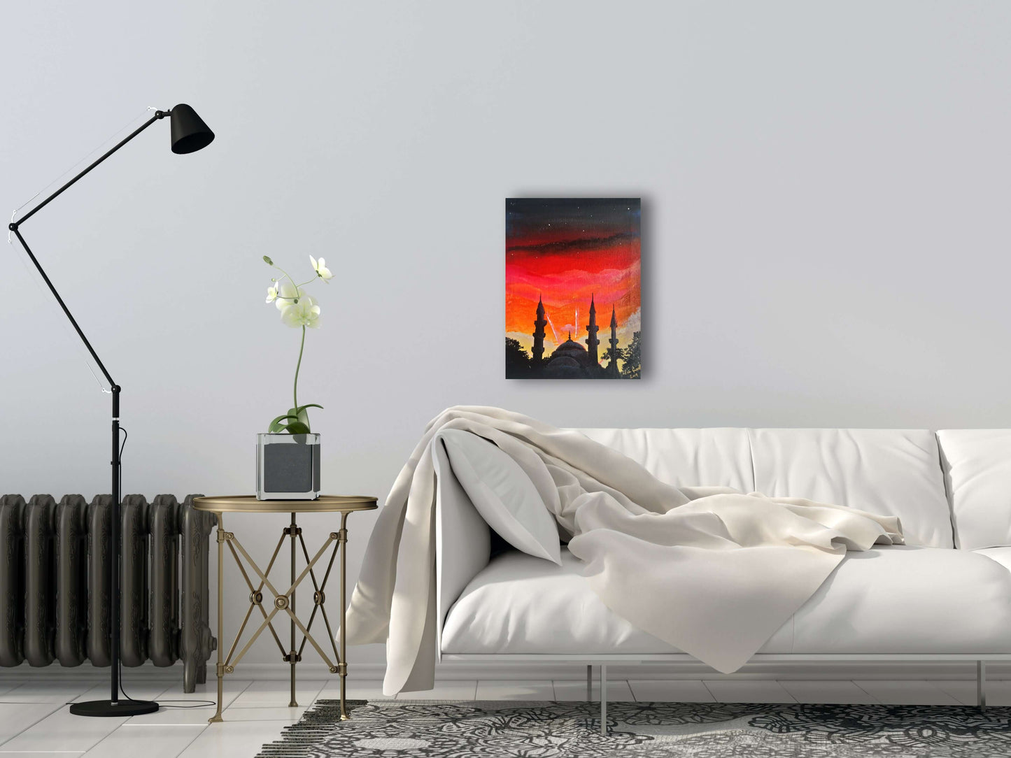 Sunset over the Blue Mosque, ©Ian Garrett 2019. Acrylic on Canvas 9 x 12 inches.