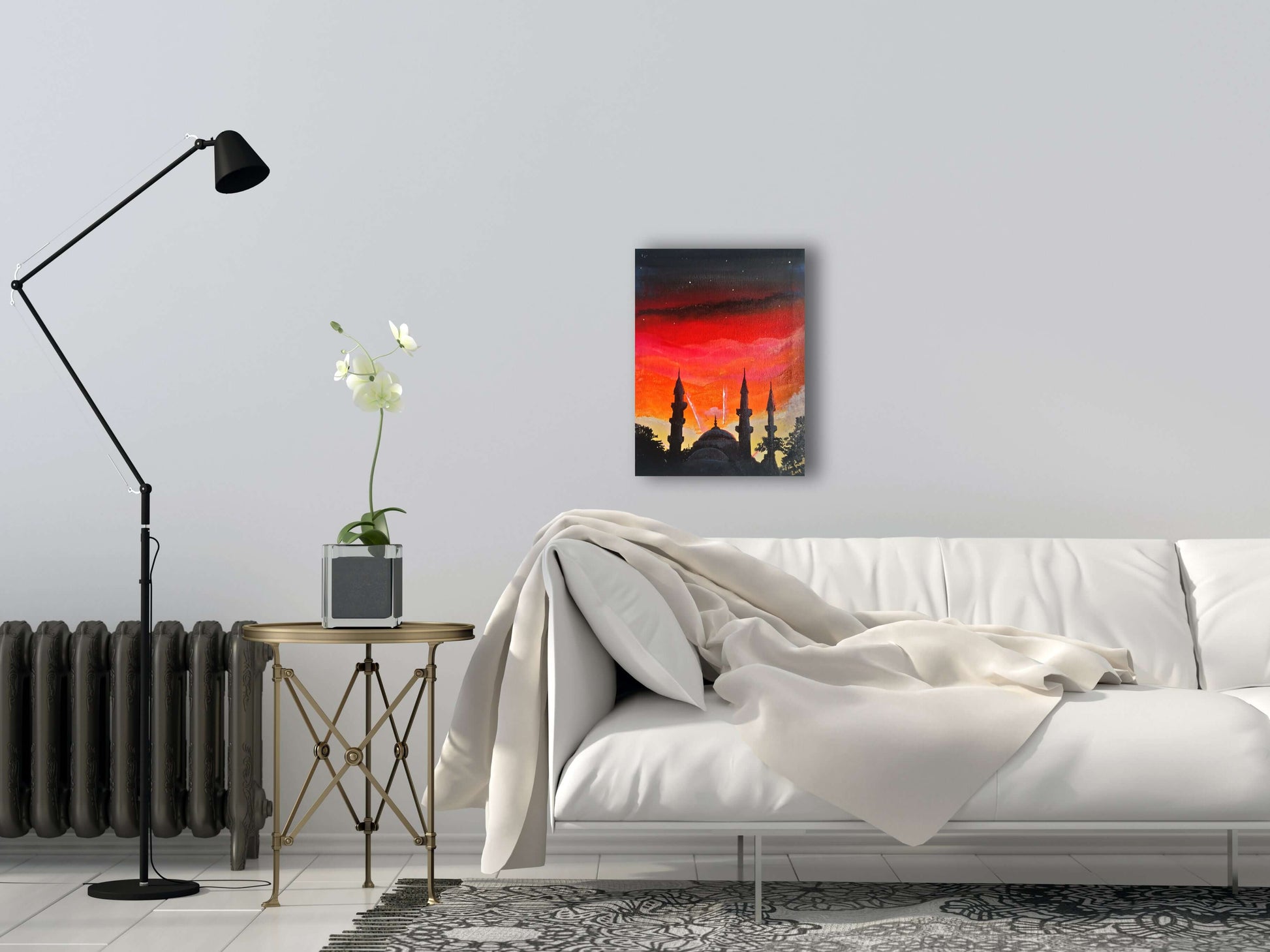 Sunset over the Blue Mosque, ©Ian Garrett 2019. Acrylic on Canvas 9 x 12 inches.