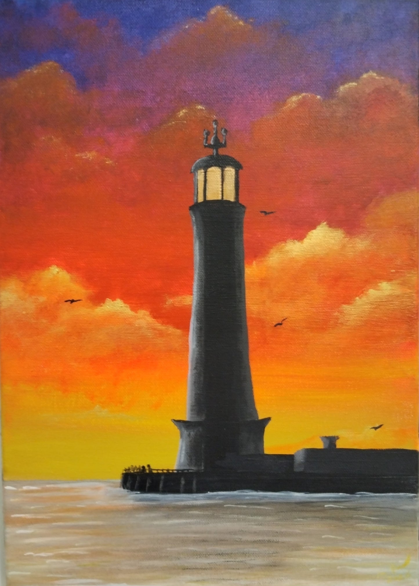 A vertical canvas painting of a lighthouse at sunset, featuring a dramatic sky with orange, red, yellow, and purple clouds. Gulls circle the lighthouse, searching for fish missed by the fisherman.