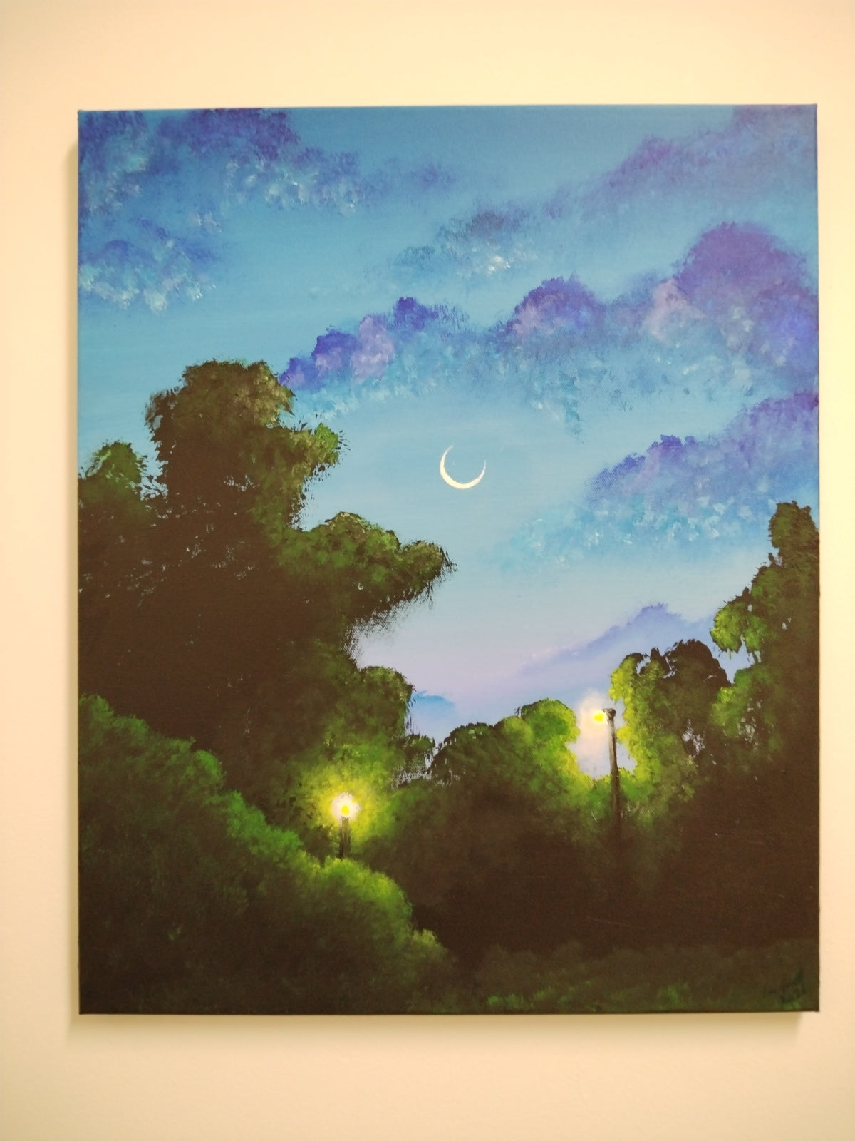 Dawn: 22x18 acrylic painting by Ian Garrett showcasing a serene dawn park scene with a crescent moon.
