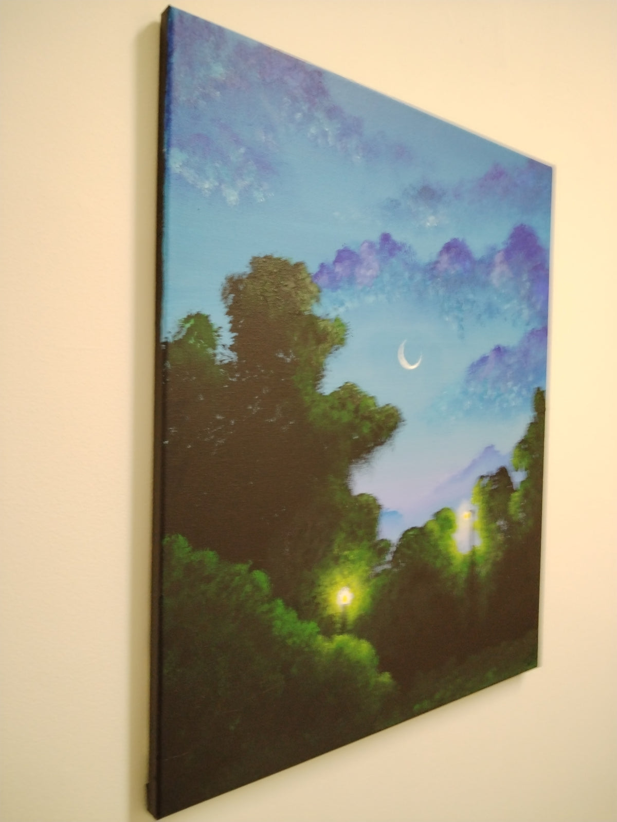 Dawn: 22x18 acrylic painting featuring a serene park, crescent moon, and tranquil atmosphere.