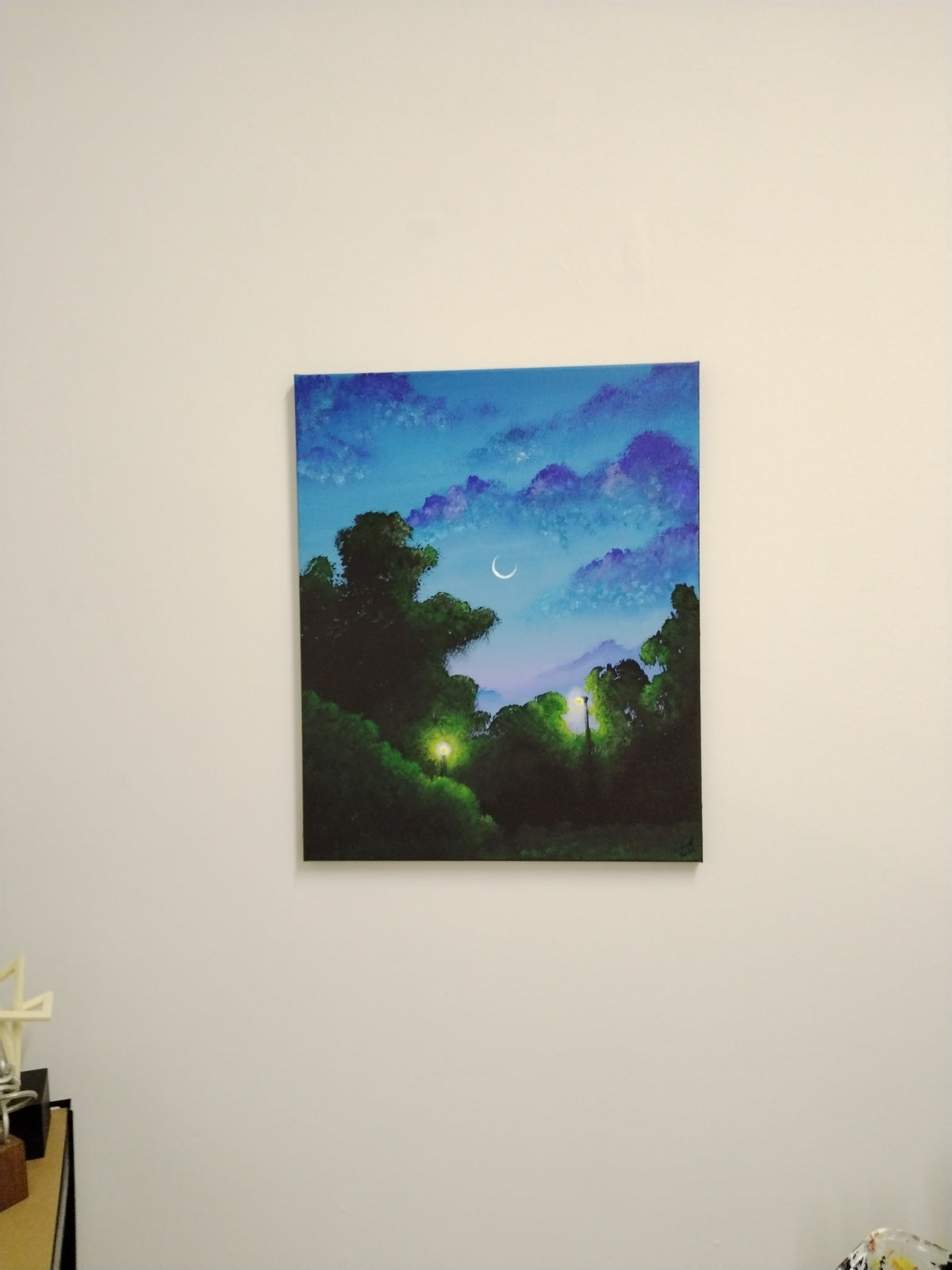 Dawn: 22x18 acrylic painting by Ian Garrett depicting a serene park scene with moon and twilight colors.