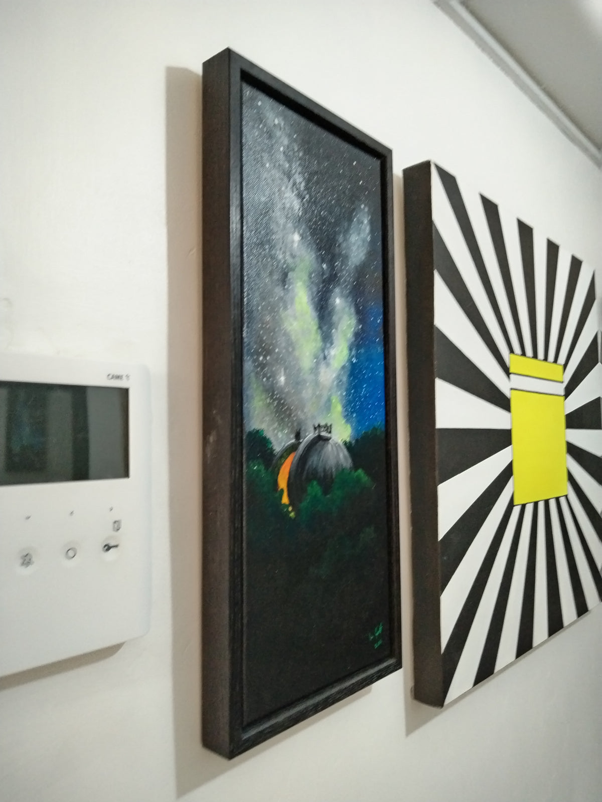 side view of Milkyway rising above Greenwich Observatory captured in a stunning art piece framed elegantly.