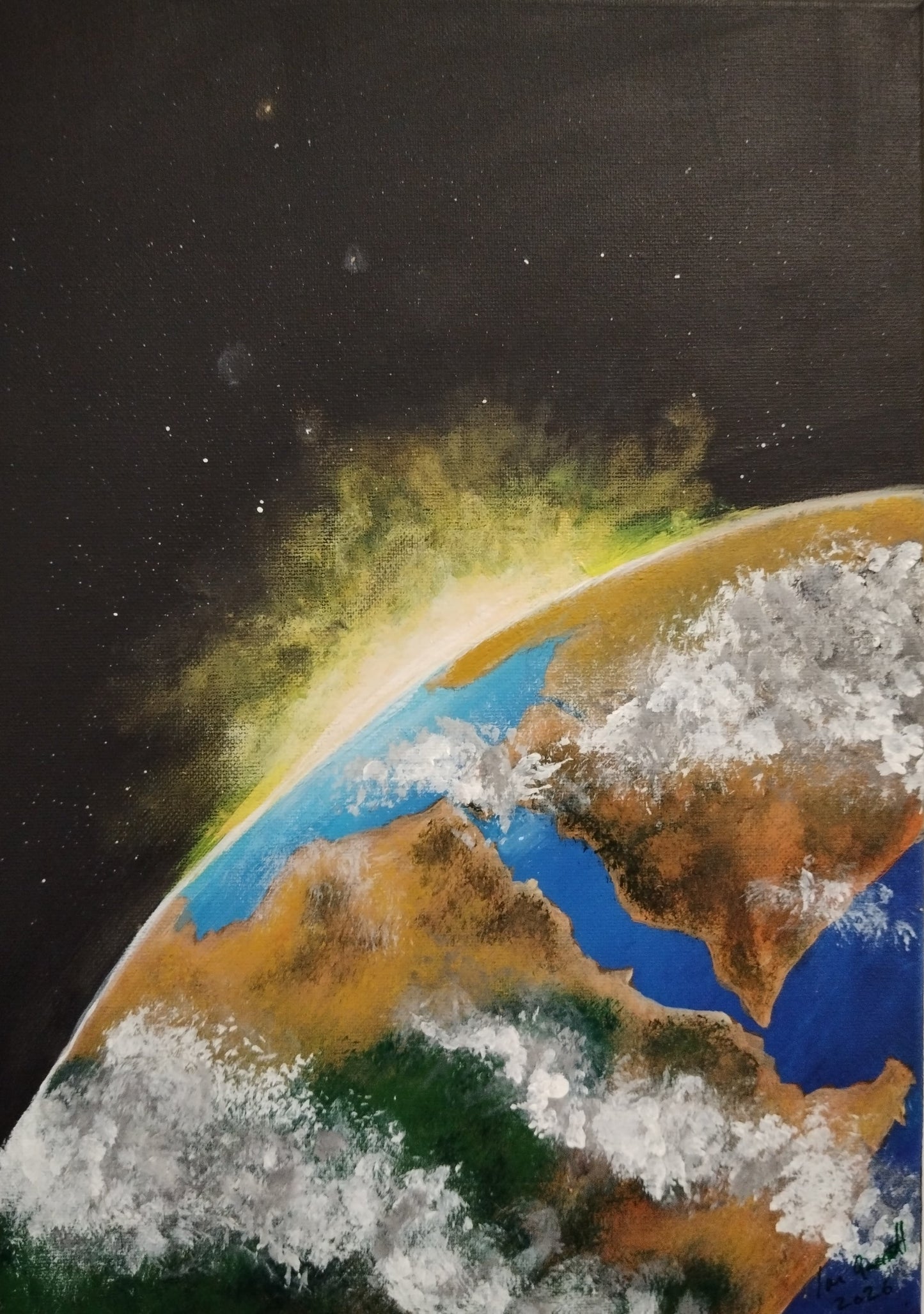 This painting shows the sun rising above the Earth. The view takes in the Mediterranean Sea, Red Sea, The North Coast of Africa, and the Middle East.