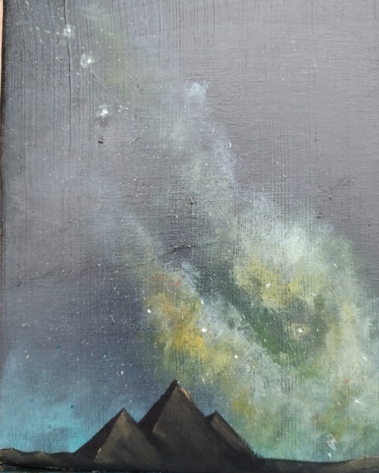 Milkyway over The Pyramids of Giza. ©Ian Garrett 2025. Acrylic on Canvas 10 x 8 inches.
