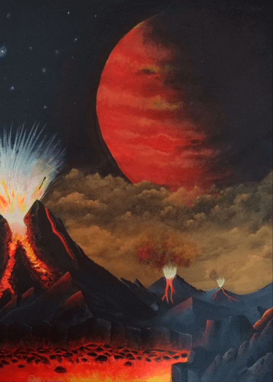 Io, the Volcanic Moon.  ©Ian Garrett 2025. Acrylic on a 21 x 30 inch Canvas.