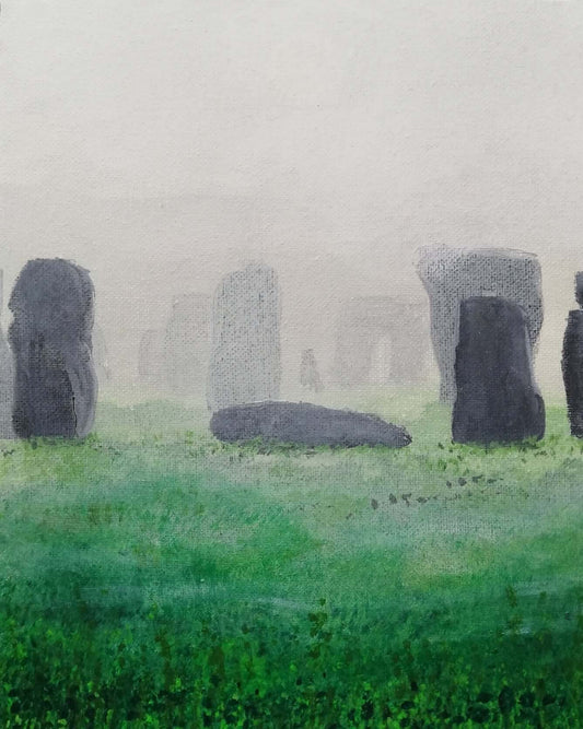 Stonehenge in the Morning Mist, ©Ian Garrett 2023. Acrylic on Canvas 10 x 8 inches.