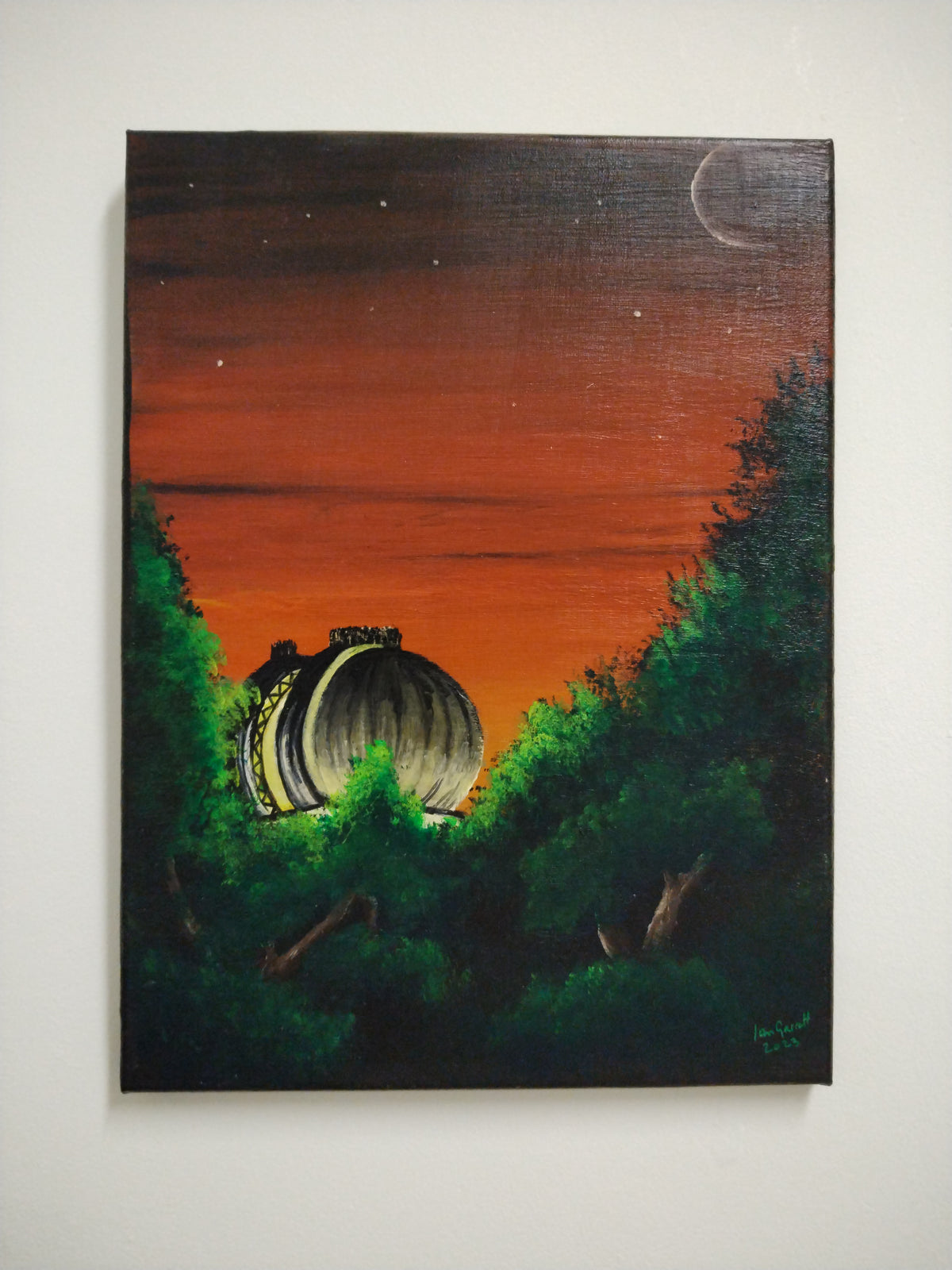 Acrylic painting of Greenwich Observatory under a new moon, surrounded by trees at dusk.