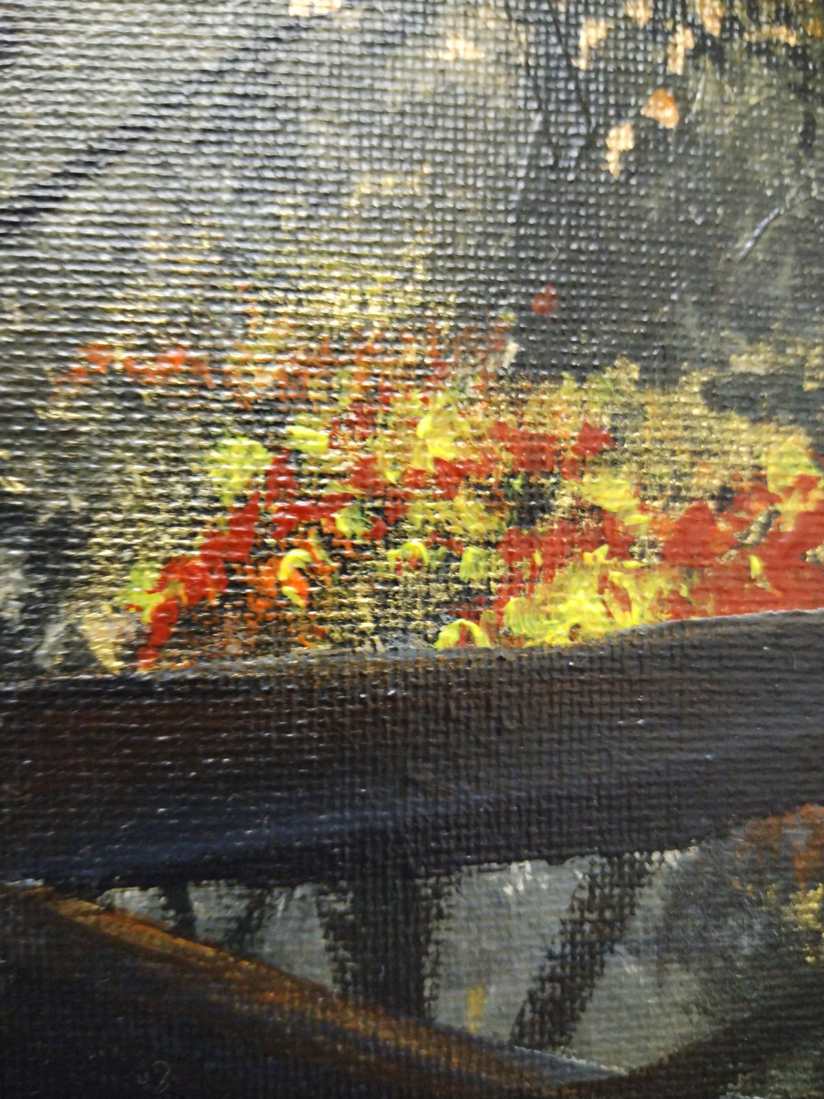 Close-up of Autumn Forest painting by Ian Garrett featuring vibrant red and yellow foliage.