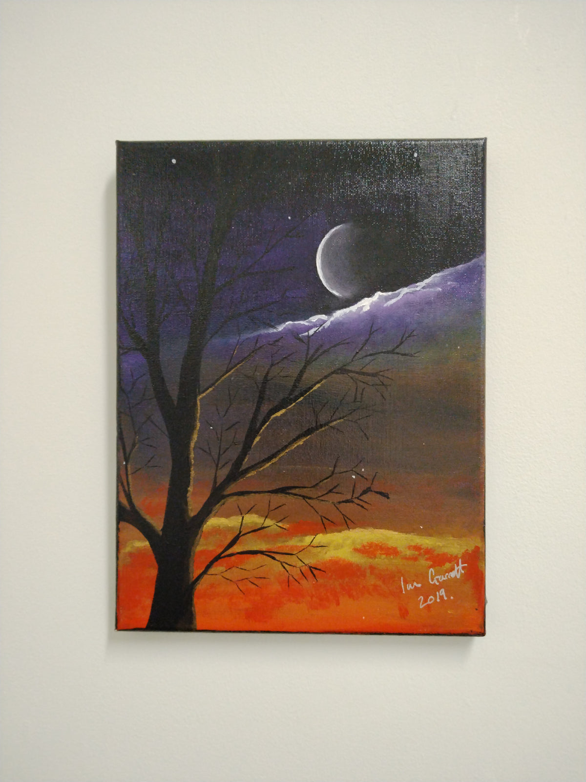 Winter Twilight - Original painting depicting a crescent moon and leafless tree at sunset.