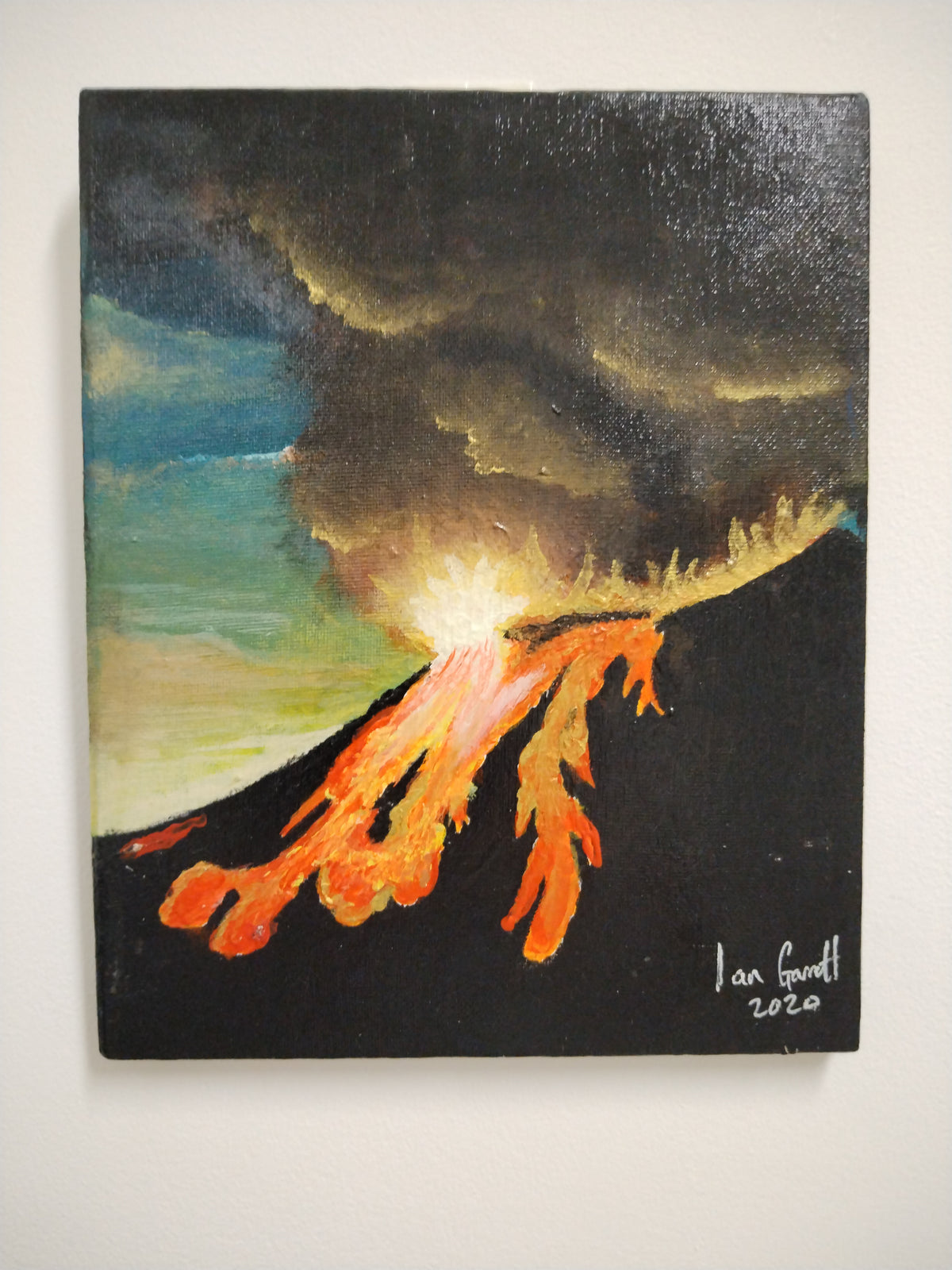 Eruption - Original Painting by Ian Garrett, volcano with flowing lava, 10x8, ready to hang, inspired by Earth's geology.