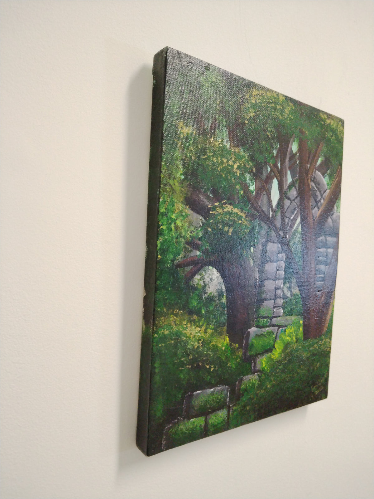 Reclaimed! original painting by Ian Garrett featuring ancient ruins and lush greenery, ready to hang.