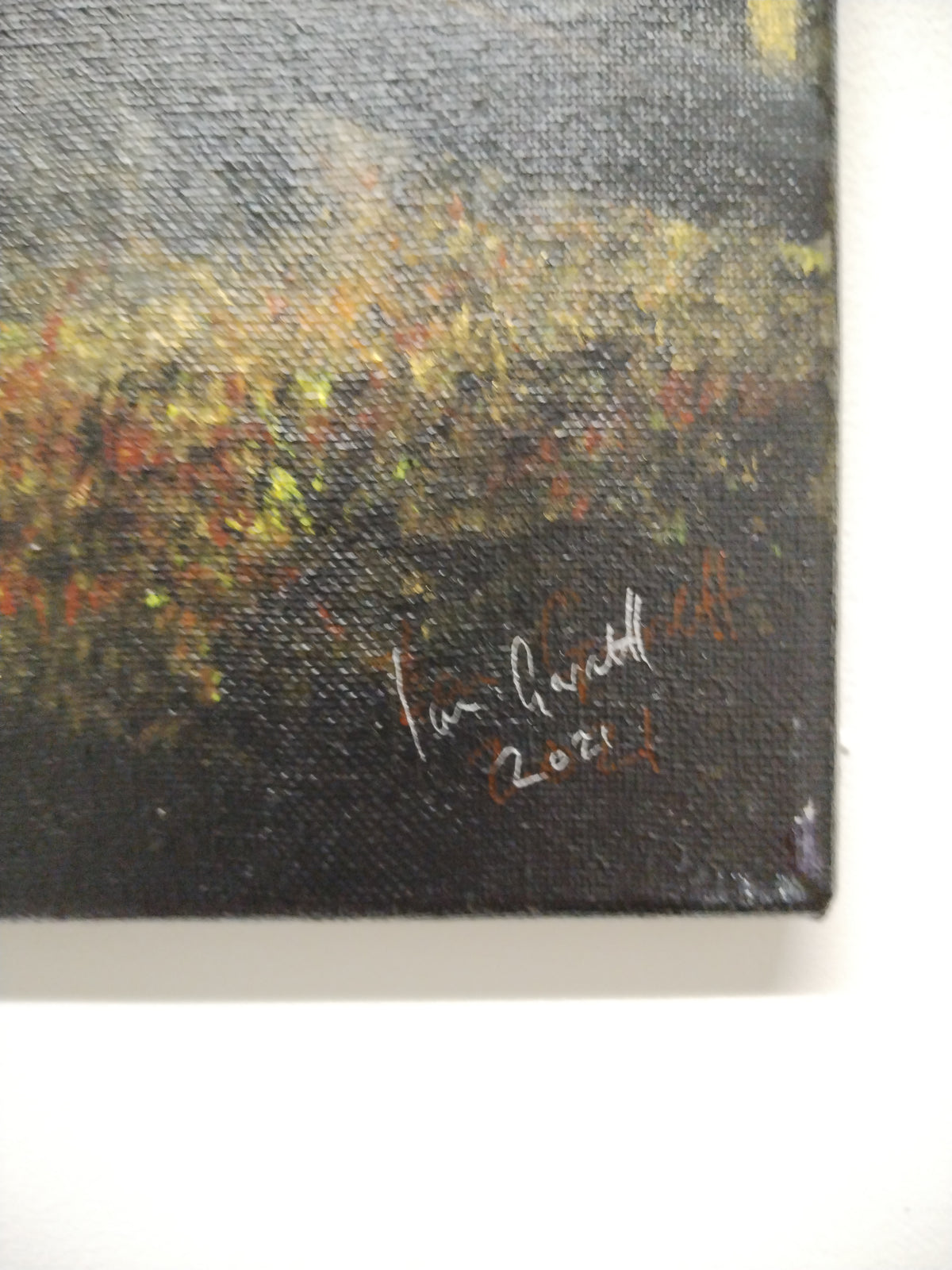 Signature of Ian Garrett on Autumn Forest painting, original artwork created in 2021.