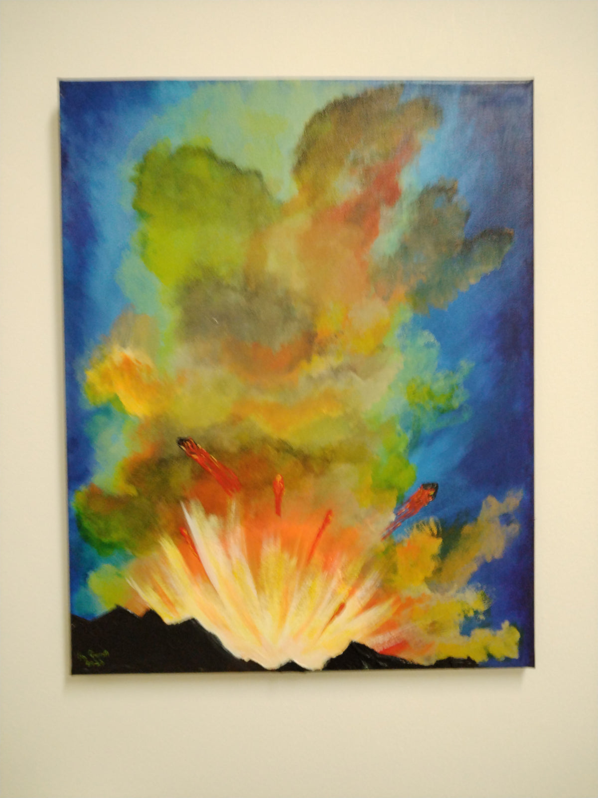 Blast - Original Painting by Ian Garrett showcasing an explosive volcanic eruption, 20x16, ready to hang.