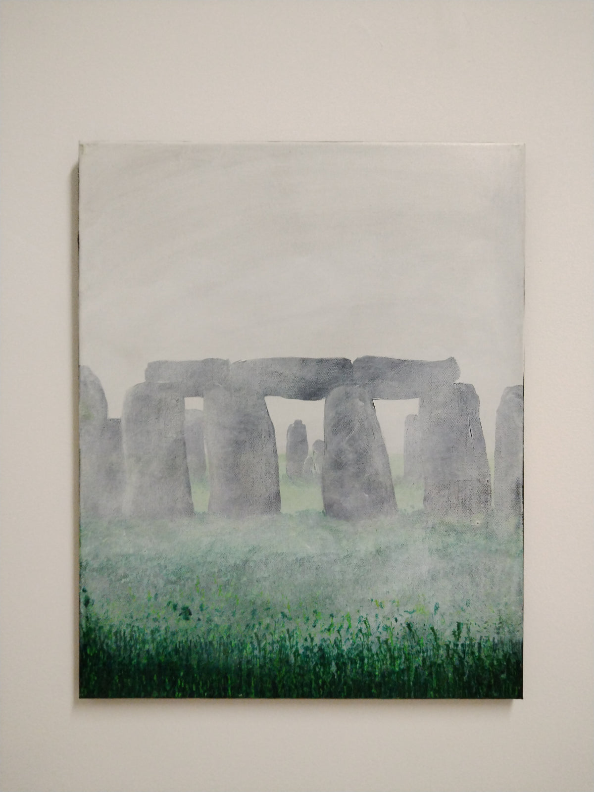Stonehenge Fog painting by Ian Garrett depicting Stonehenge surrounded by mist and greenery.