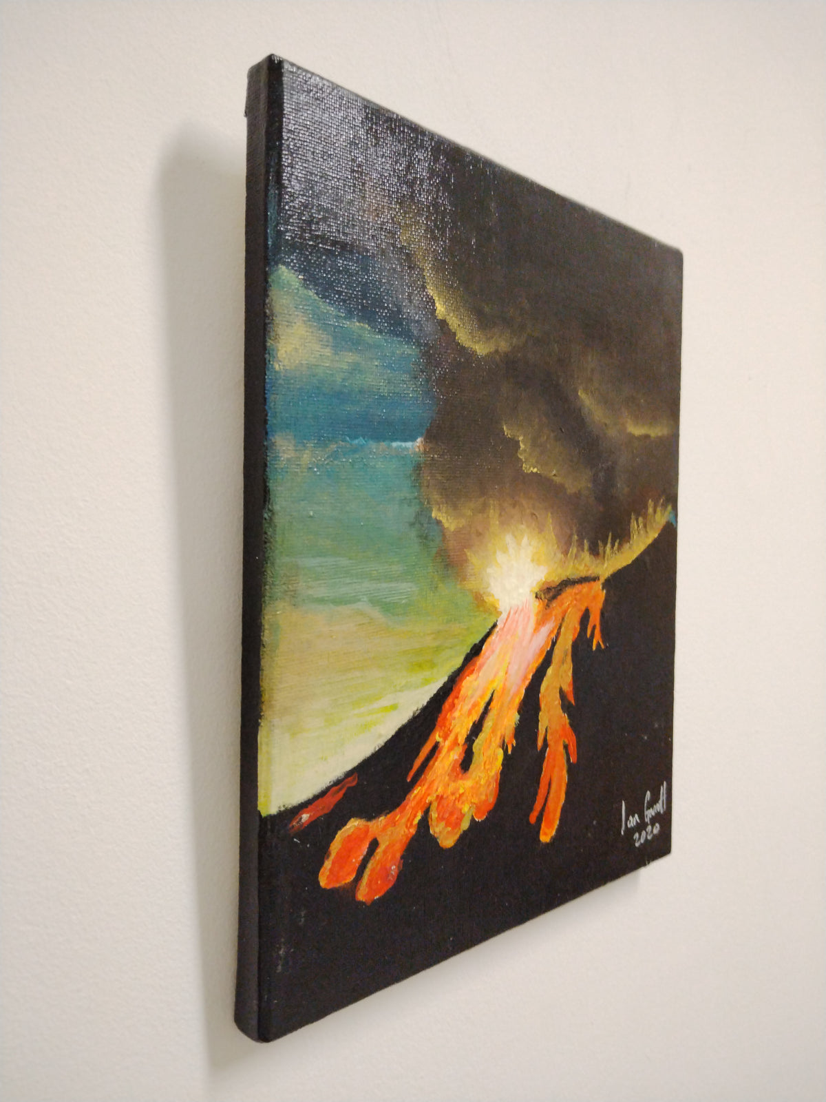 Eruption - Original Painting by Ian Garrett, 10x8 artwork depicting volcanic activity and earth's geology.