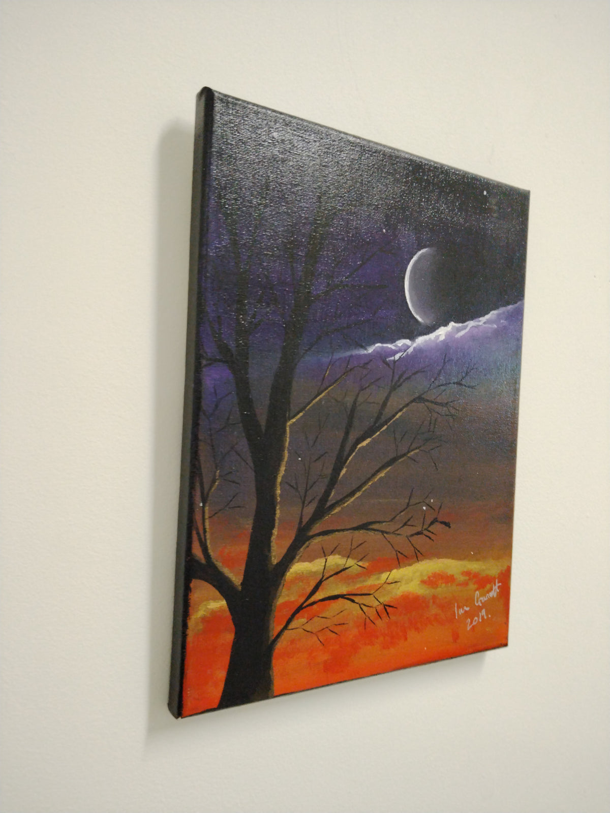 Winter Twilight - Original Painting by Ian Garrett featuring a crescent moon and tree at sunset.