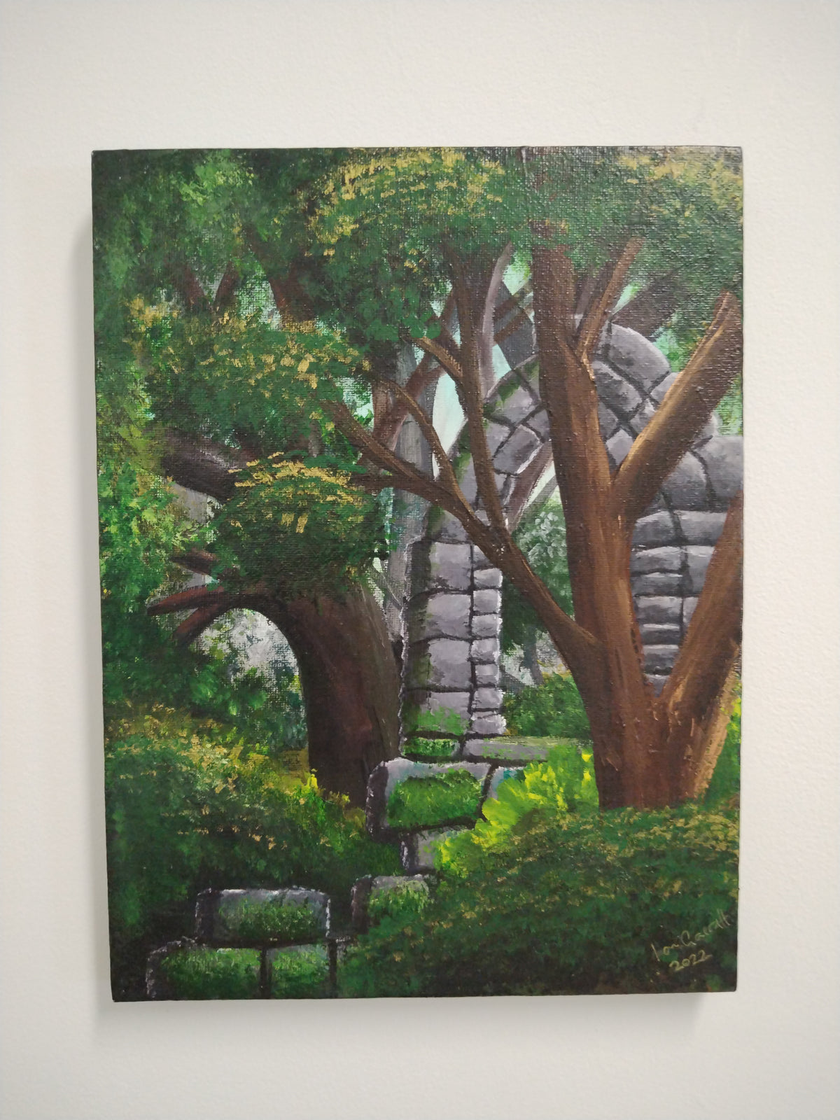 Reclaimed! Original painting by Ian Garrett depicting ancient ruins and nature's reclamation, 9x12, ready to hang.