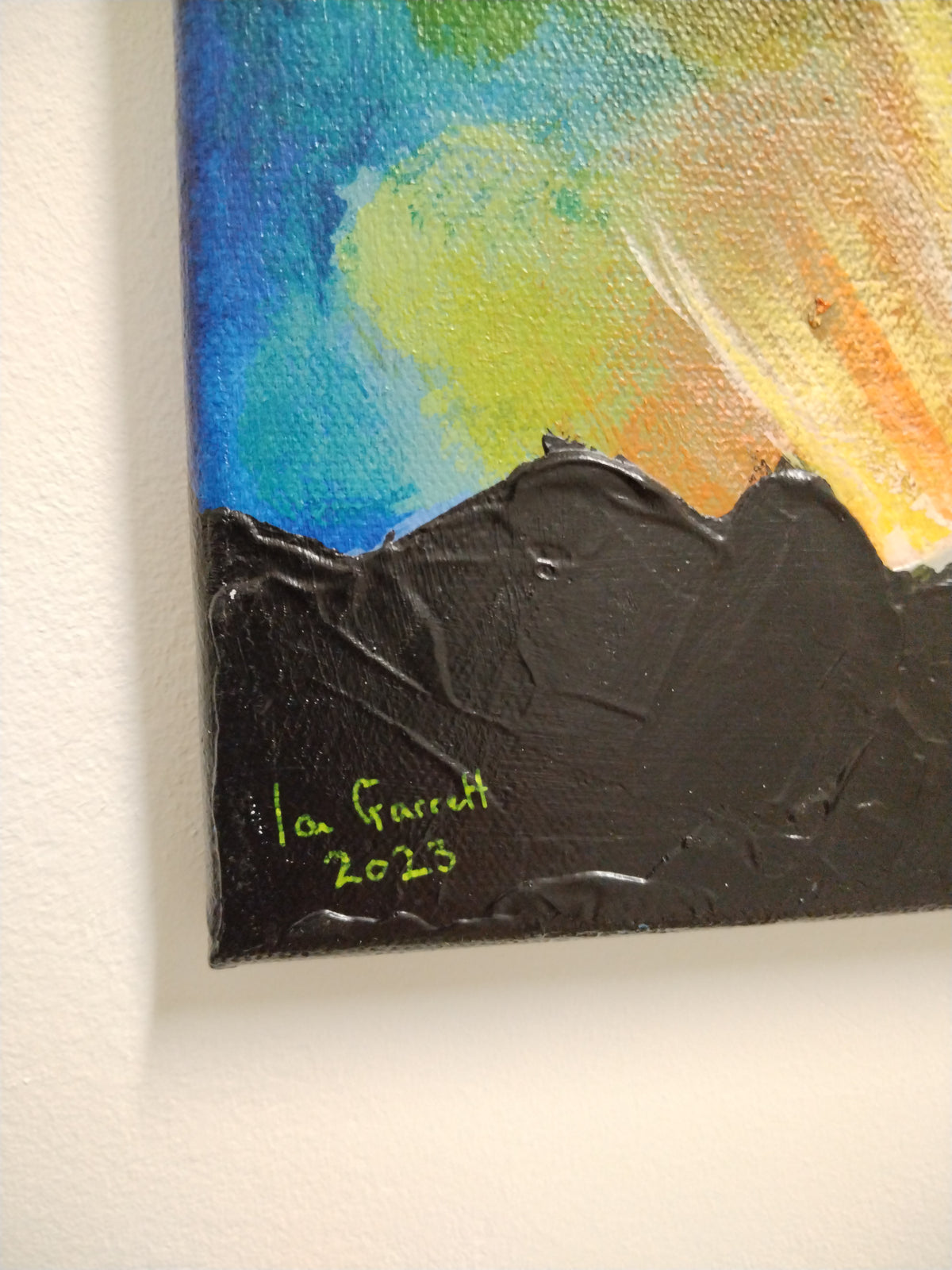 Signature of artist Ian Garrett on the original painting 'Blast', created in 2023.