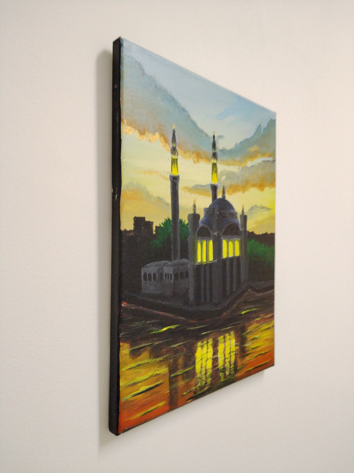 Ortakoy Masjid original painting by Ian Garrett featuring sunset reflections and vibrant colors.