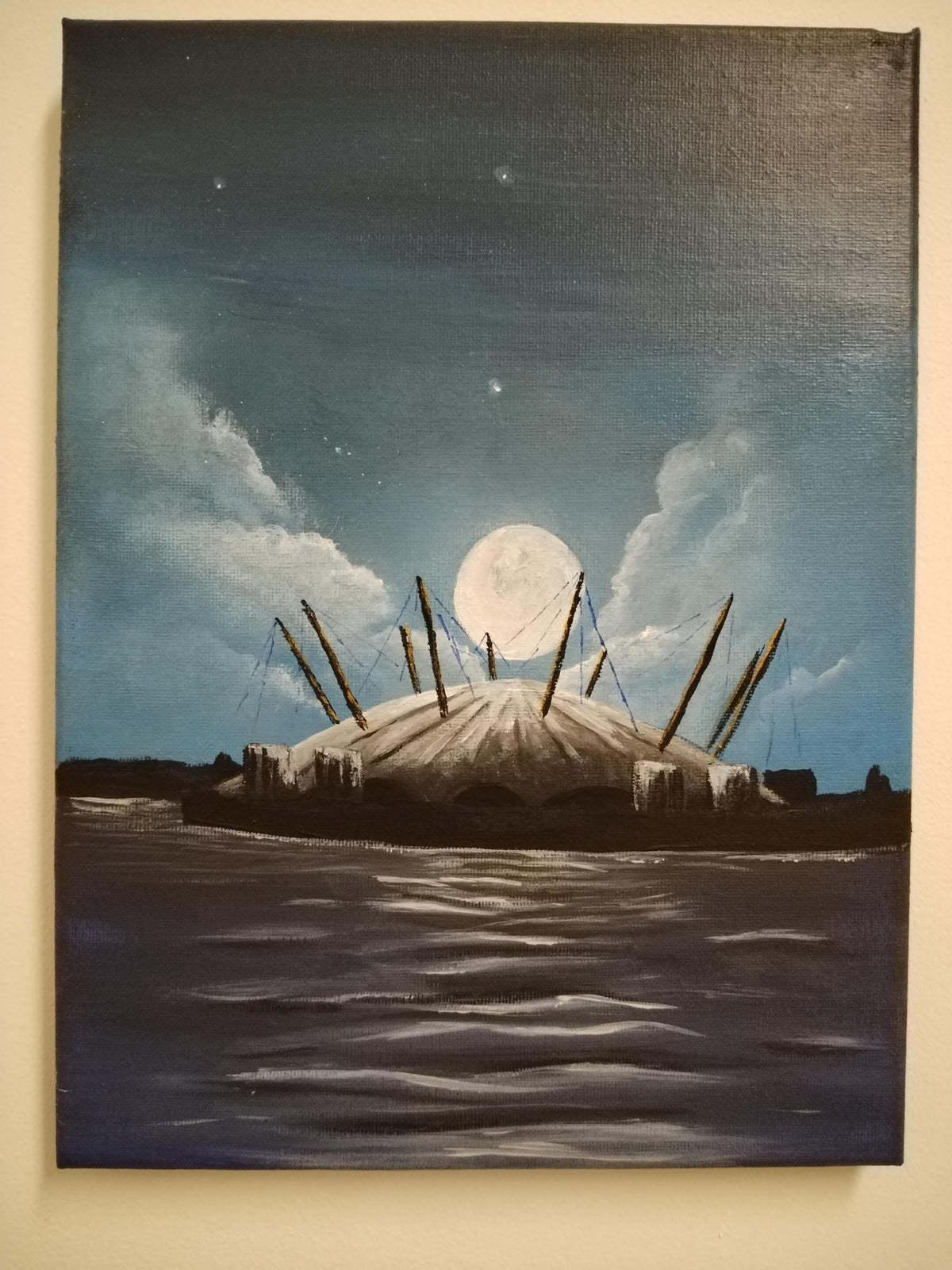 O2 in Moonlight - original acrylic painting by Ian Garrett showcasing the O2 Arena under a magical moonlit sky.