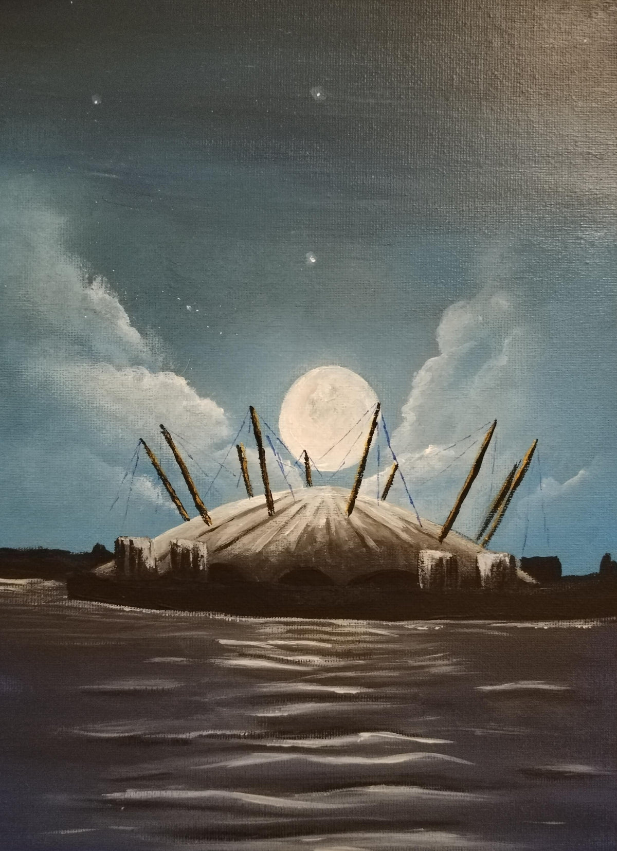 O2 in Moonlight painting featuring the O2 Arena under a glowing moon, rich acrylic on canvas, 12x9 ready to hang.