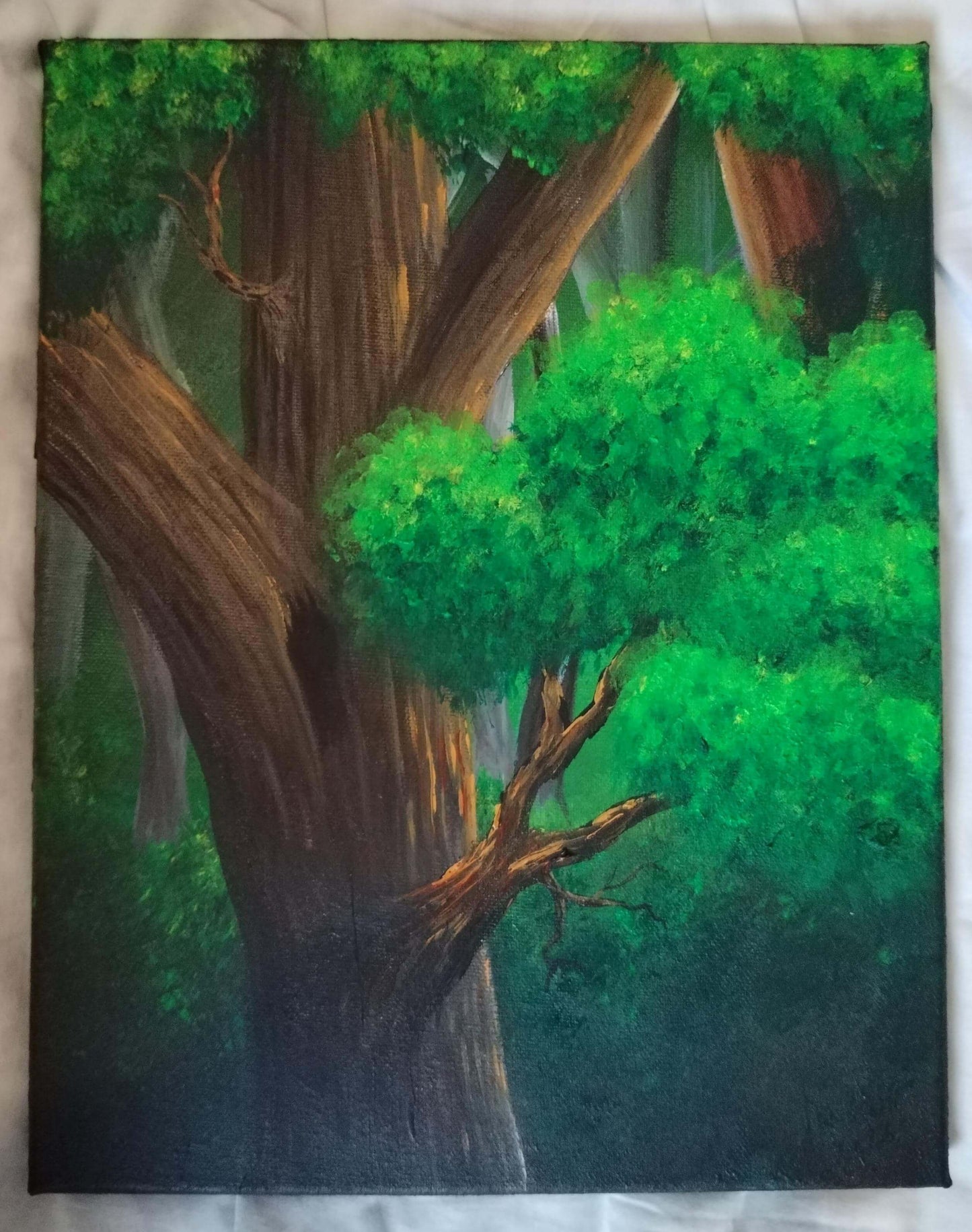 Woodland Sanctuary - Original artwork featuring lush green trees and tranquil woodland scenery.