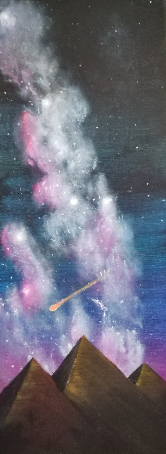 Milkyway over The Pyramids. ©Ian Garrett 2025. Acrylic on Canvas 20 x 8 inches.
