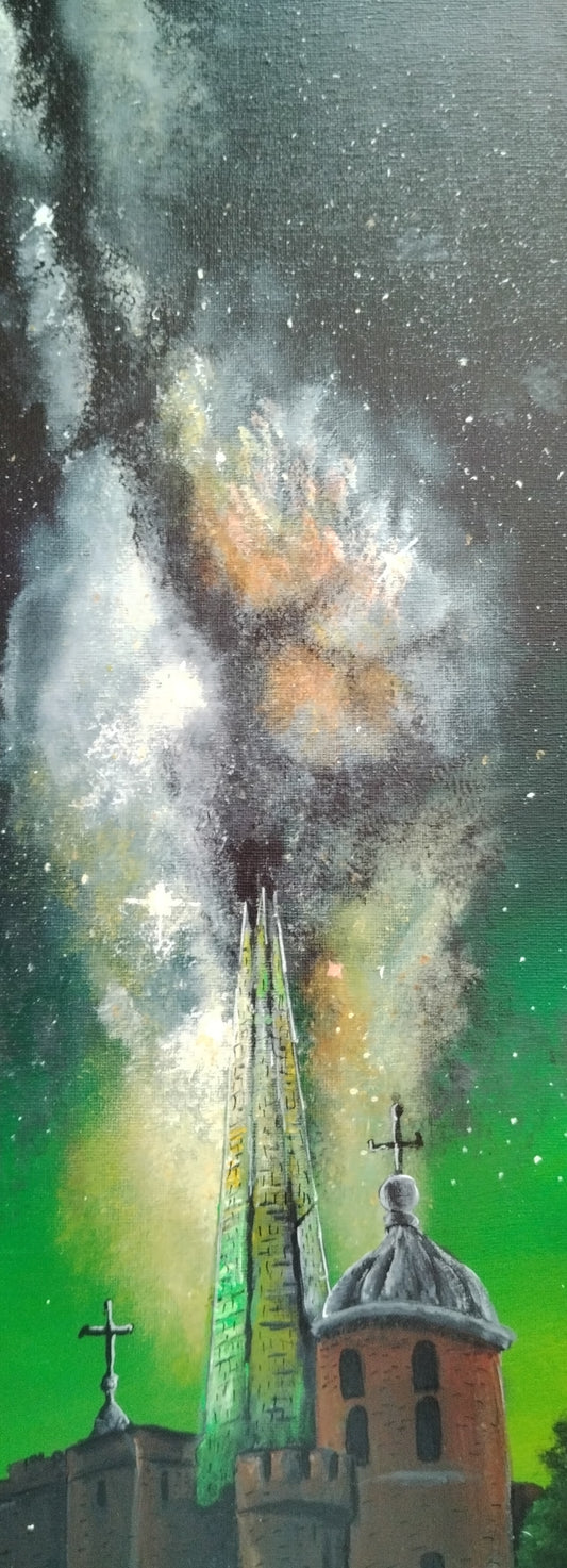 The Tower, The Shard and the Milkyway. ©Ian Garrett 2024. Acrylic on Canvas 8 x 20 inches.