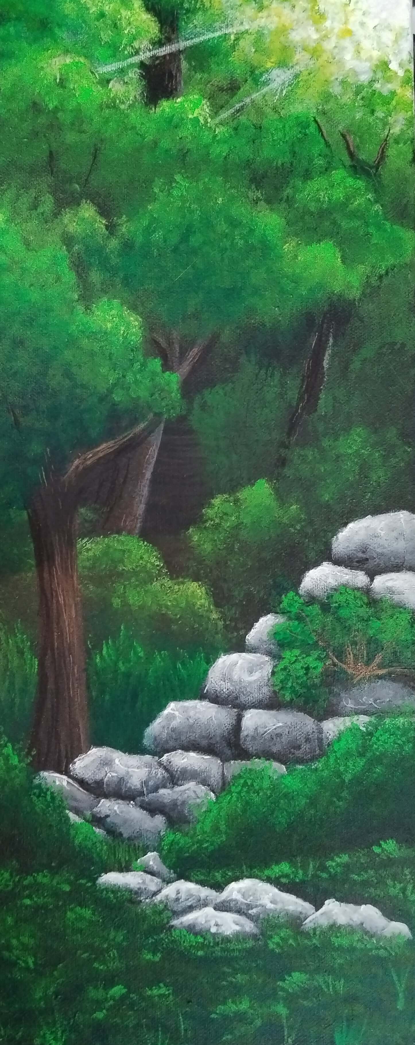Forest - Original painting featuring lush greenery and rocks, capturing the serenity of woodland areas.