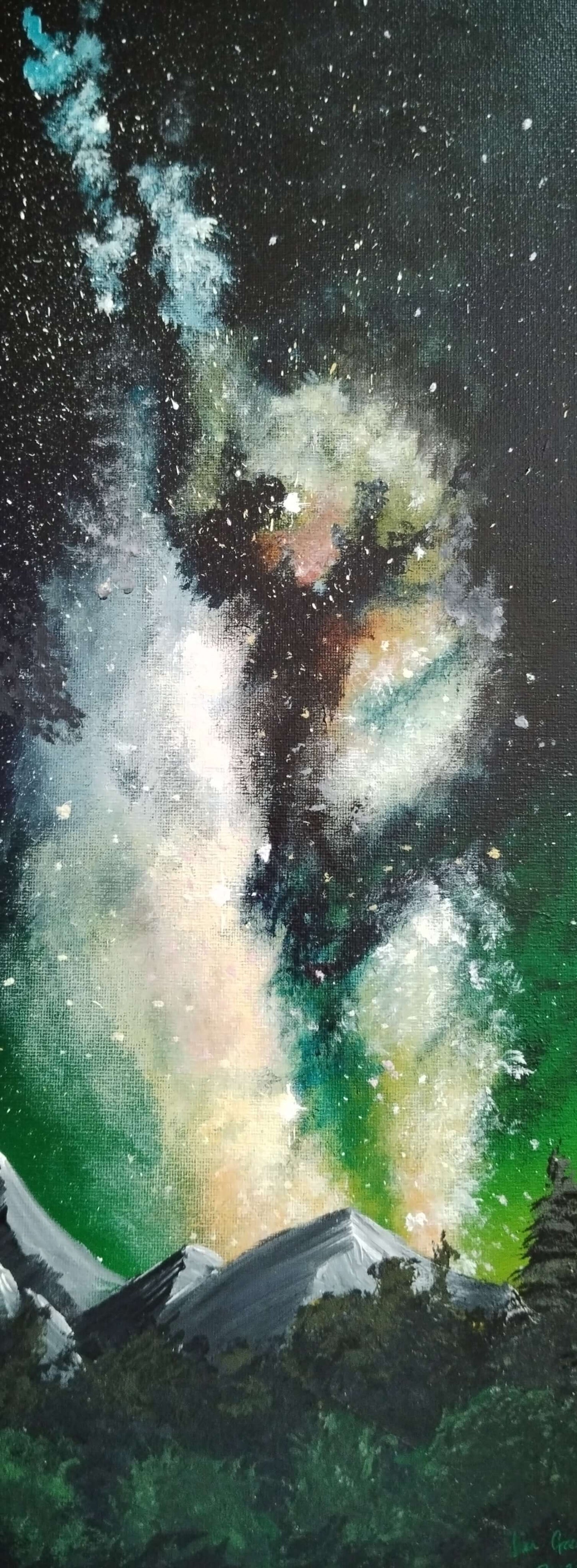 Milkyway over the Mountains©Ian Garrett 2024. Acrylic on Canvas 8 x 20 inches.