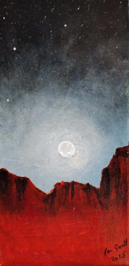 Acrylic Painting of the sun setting over the Martian Landscape