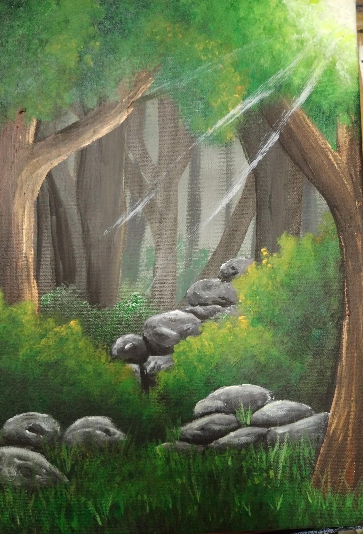 Acrylic painting titled 'Reclaimed' featuring stones and trees, showing nature's reclamation in a serene forest scene.