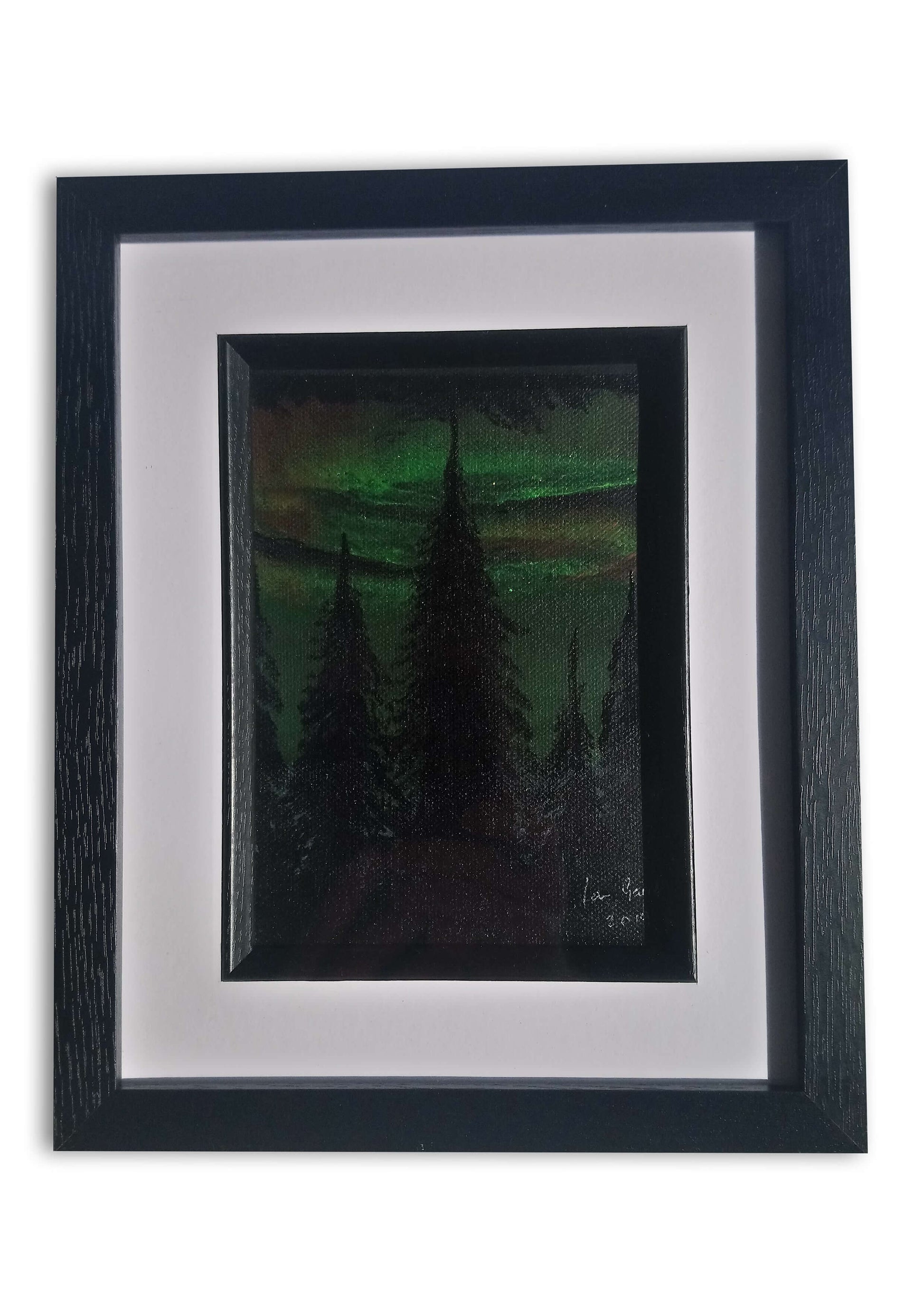Aurora Borialis over a Pine Forest, ©Ian Garrett 2019.  Acrylic on Canvas 7 x 5 inches.