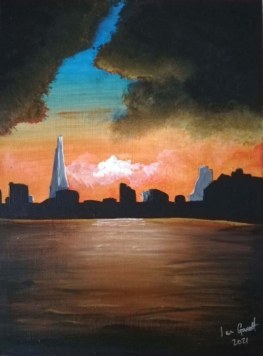 Sunset over the Thames. ©Ian Garrett 2021. Acrylic on Canvas 9 x 12 inches.