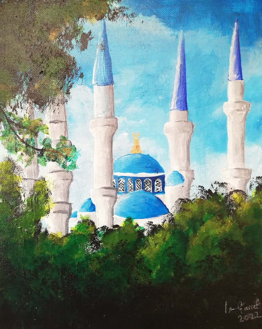 Blue Mosque against a Blue Sky, ©Ian Garrett 2022. Acrylic on Canvas 10 x 8 inches.